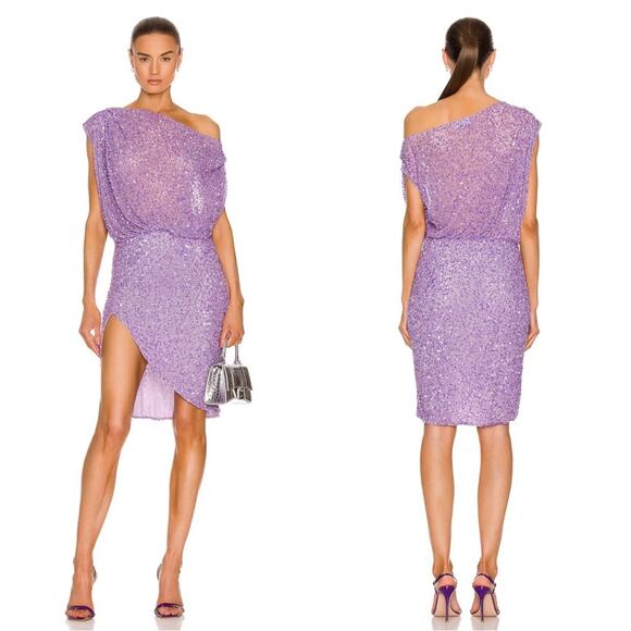 Retrofete Jean Sequin Embellished Off the Shoulder Asymmetric Mini Dress Size M - Picture 1 of 11